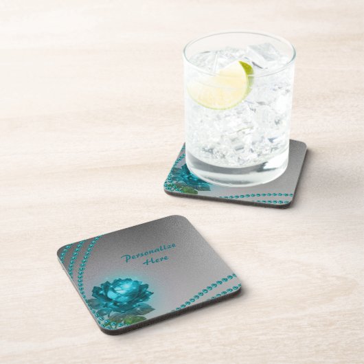 Elegante & romantische Aquamarine Perlen & Rose Pe Getränkeuntersetzer (Rechte Seite)