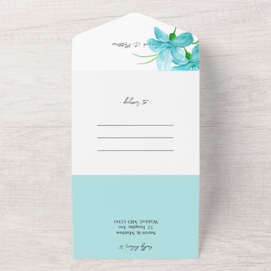 Elegante Romantische Blaue Wasserfarbe All In One Einladung (Außenbereich)