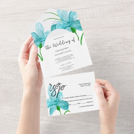 Elegante Romantische Blaue Wasserfarbe All In One Einladung (Abreißen)