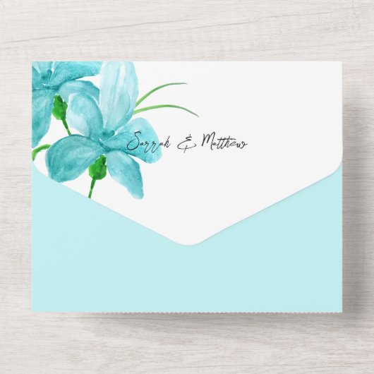 Elegante Romantische Blaue Wasserfarbe All In One Einladung (Rückseite)