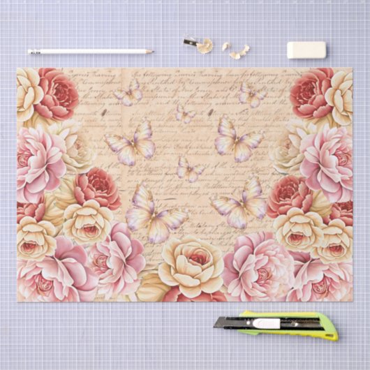 Elegante Romantische Blumen & Schmetterlinge Decou Seidenpapier (Handwerk)