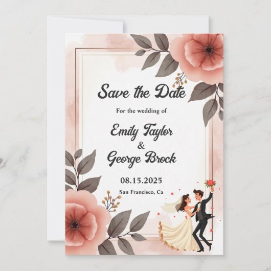 Elegante romantische Blumenbräune und Hochzeit im Save The Date (Vorderseite)
