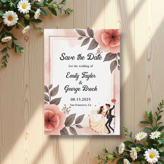 Elegante romantische Blumenbräune und Hochzeit im Save The Date