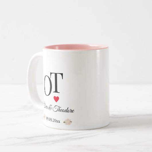 Elegante romantische Blush Pink Bläserblume Hochze Zweifarbige Tasse (Vorderseite Links)
