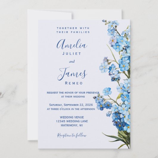 Elegante romantische Blütenhochzeit "Vergessen-Ich Einladung (Vorderseite)