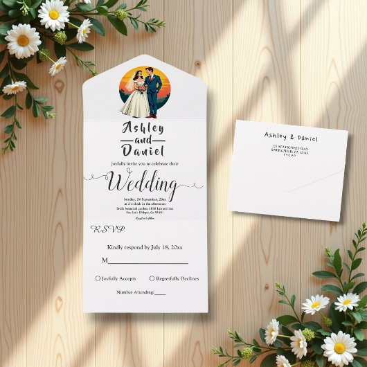 Elegante romantische Braut- und Bräutigam-Sonnenun All In One Einladung