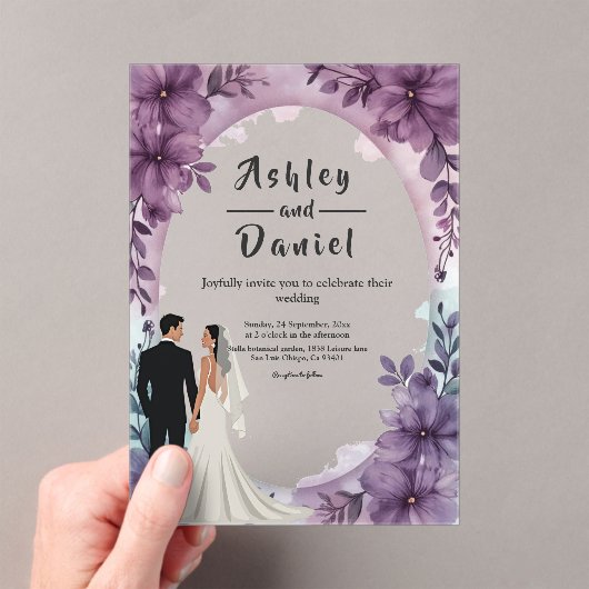 Elegante romantische Brautbäume Lila Blumenhochzei Acryleinladungen (Insitu (Handheld))