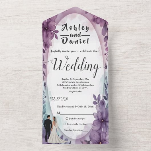 Elegante romantische Brautbäume Lila Blumenhochzei All In One Einladung (Innen Boden)