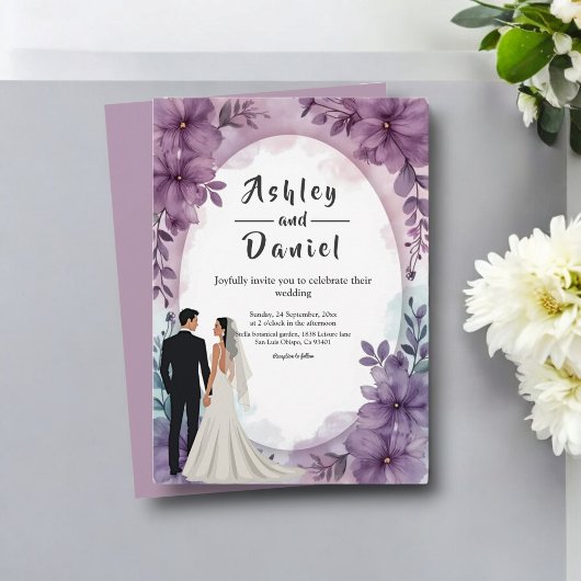 Elegante romantische Brautbäume Lila Blumenhochzei Einladung