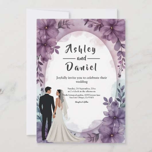 Elegante romantische Brautbäume Lila Blumenhochzei Einladung (Vorderseite)