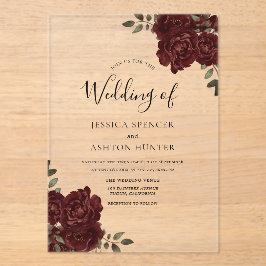 Elegante romantische Burgunder Rote Rose Hochzeit Acryleinladungen