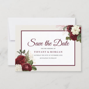 Elegante romantische burgunderrote Blumenhochzeit Save The Date