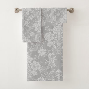 Elegante romantische Chic Floral Damask-Grau Badhandtuch Set