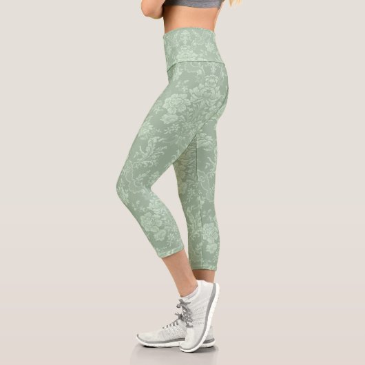 Elegante romantische Chic Floral Damask Grün Capri Leggings (Links)