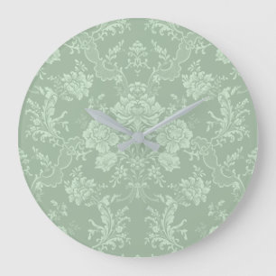 Elegante romantische Chic Floral Damask Sage Green Große Wanduhr