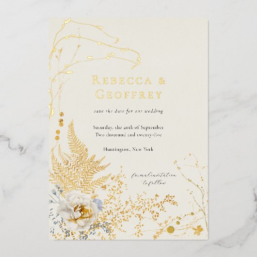 Elegante Romantische Flora Ferns Save the Date Gol Folieneinladung (Vorderseite)
