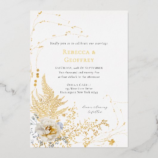 Elegante romantische Hochzeit mit floraler Wasserf Folieneinladung (Vorderseite)