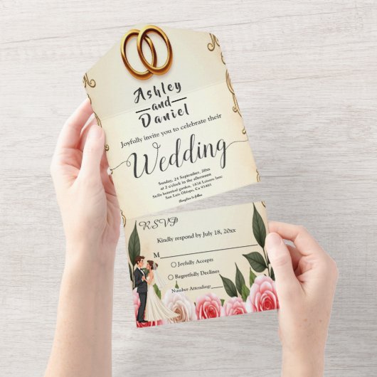 Elegante romantische Hochzeit von Braut und Groom All In One Einladung (Abreißen)