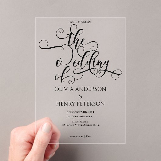 Elegante romantische Kalligraphie-Hochzeit Acryleinladungen (Insitu (Handheld))