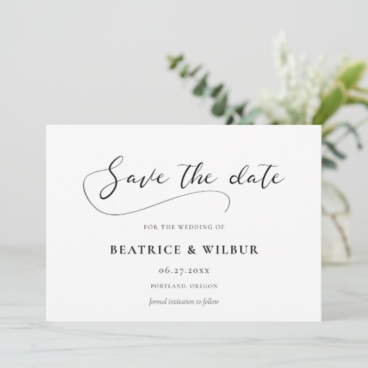Elegante romantische Kalligraphie Save The Date (Stehend Vorderseite)