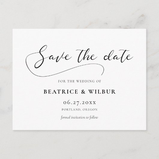 Elegante romantische Kalligraphie Save the Date Postkarte (Vorderseite)