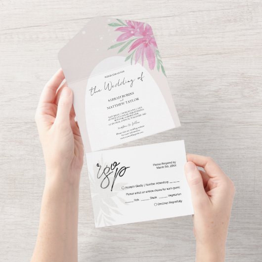 Elegante romantische Pink Lace-Blume All In One Einladung (Abreißen)