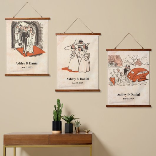 Elegante romantische Retro Mitte Jahrhundert Klass Wandteppich Mit Holzrahmen (Asymmetrisch)