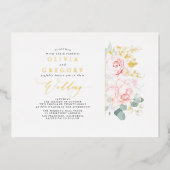 Elegante romantische Rosa Blume und Grüne Hochzeit Folieneinladung (Vorderseite)