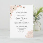 Elegante romantische Rosa-Blütenhochzeit rettet da Einladung (Stehend Vorderseite)