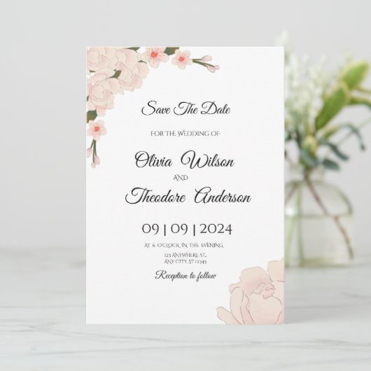 Elegante romantische Rosa-Blütenhochzeit rettet da Einladung (Stehend Vorderseite)