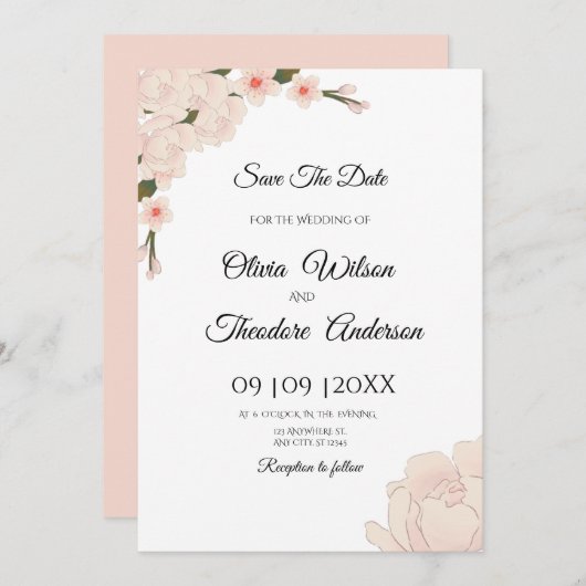 Elegante romantische Rosa-Blütenhochzeit rettet da Einladung (Vorne/Hinten)