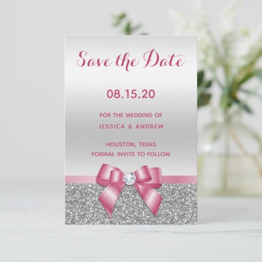 Elegante romantische Rosa Glitzer Hochzeit & Silbe Save The Date (Stehend Vorderseite)