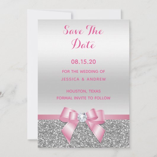 Elegante romantische Rosa Glitzer Hochzeit & Silbe Save The Date (Vorderseite)