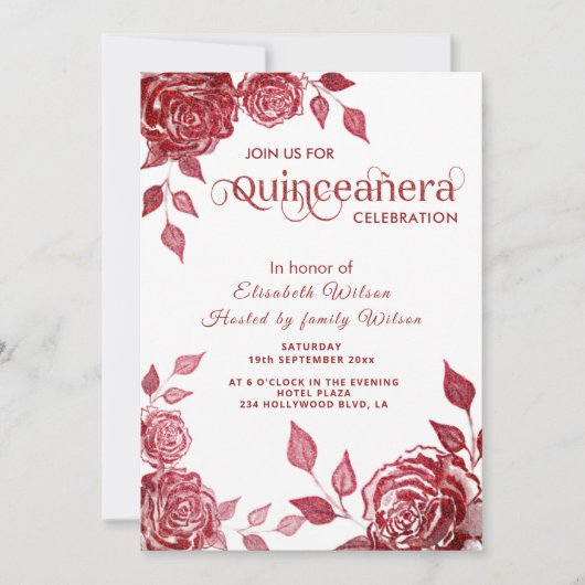 Elegante romantische rote Rosen Quinceañera Einladung (Vorderseite)