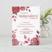 Elegante romantische rote Rosen Quinceañera Einladung (Stehend Vorderseite)