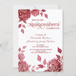 Elegante romantische rote Rosen Quinceañera Einladung
