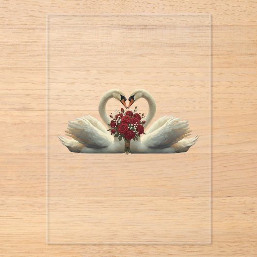 Elegante romantische Schwäne & rote Rosen - Valent Acryleinladungen (Vorderseite)