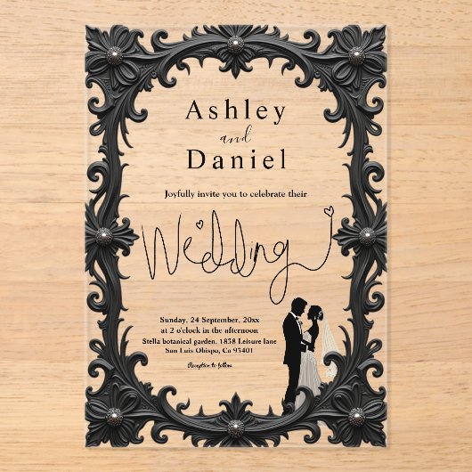 Elegante romantische Schwarz-Weiß-Klassik Acryleinladungen (Vorderseite)