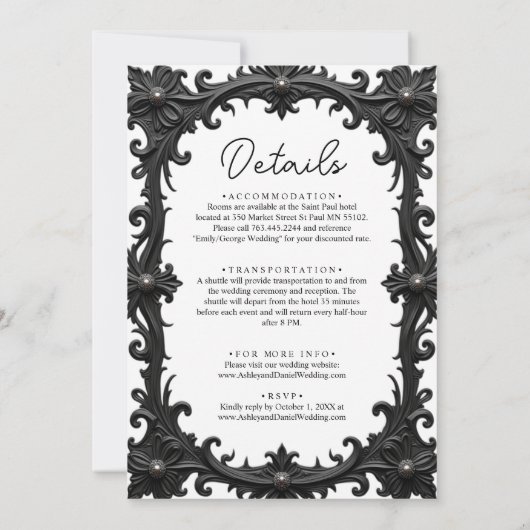 Elegante romantische Schwarz-Weiß-Klassik Einladung (Rückseite)