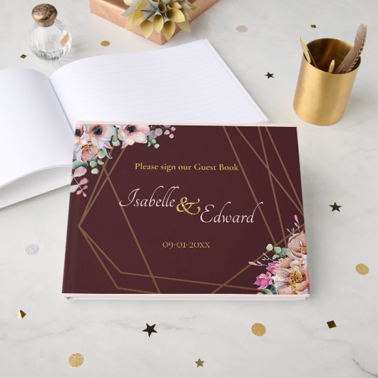 Elegante, rosa Anemone, geometrische Rahmen der Bl Gästebuch (Vorderseite Offen)