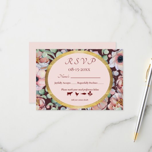 Elegante, rosa Anemone, geometrische Rahmen der Bl RSVP Karte (Vorderseite/Rückseite Beispiel)