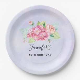 Elegante Rosa Aquarell Blume Bouquet Geburtstag Pappteller