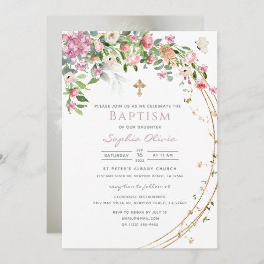 Elegante Rosa Aquarell Floral Girl Taufe Invit Einladung (Vorne/Hinten)
