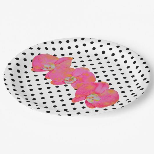Elegante Rosa Aquarell Orchideen | Polka-Punkte Pappteller (Schrägansicht)