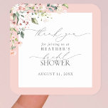 Elegante rosa Aquarelldusche Blumendusche Danke Quadratischer Aufkleber<br><div class="desc">Ein hübsches Brautparty dankt Ihnen Aufkleber in rot-rosa Aquarellfloralen,  mit zarter handgeschriebener Schriftzeichen Kalligraphie. Copyright Elegant Invites,  alle Rechte vorbehalten.</div>