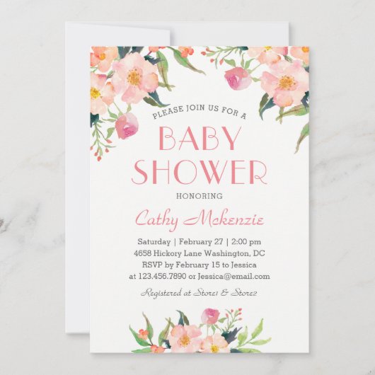 Elegante rosa Aquarelldusche Einladung (Vorderseite)