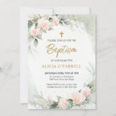 Elegante rosa Aquarellfarben Blume Grüne Taufe Einladung (Vorderseite)