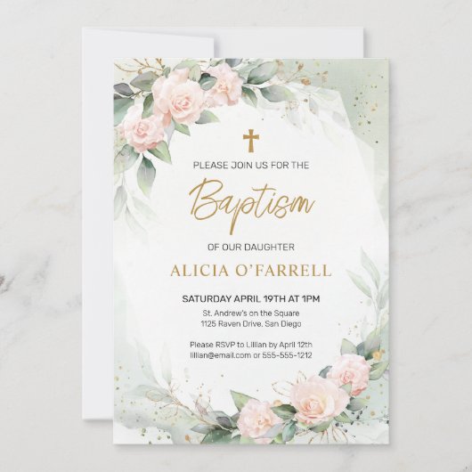Elegante rosa Aquarellfarben Blume Grüne Taufe Einladung (Vorderseite)