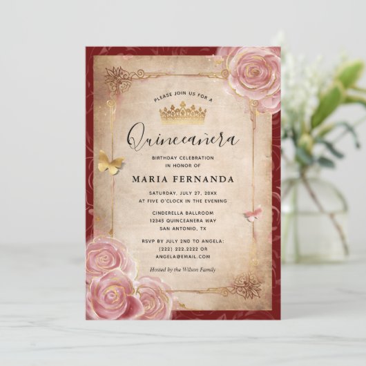 Elegante Rosa Aquarellfarben Rose Gold Quinceanera Einladung (Stehend Vorderseite)