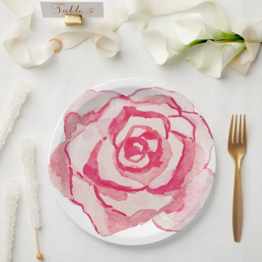 Elegante rosa Aquarellfarben-Rose Pappteller (Hochzeit)